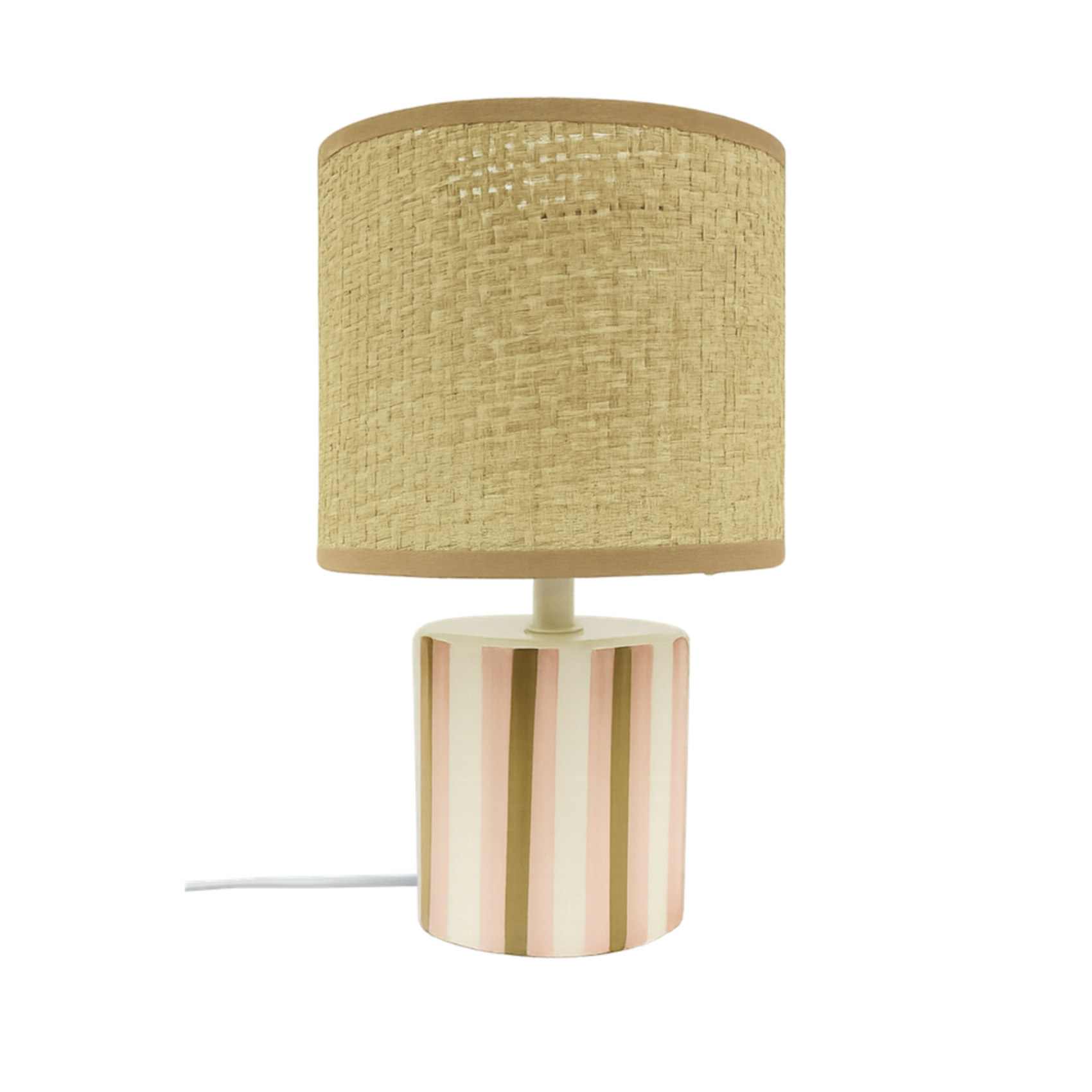 Lampe de table en céramique rayée rose et beige avec abat-jour naturel