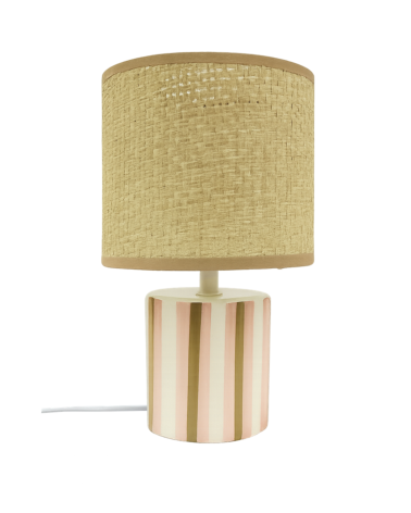 Lampe de table en céramique rayée rose et beige – abat-jour naturel