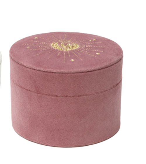 Boîte à bijoux ronde en velours rose avec cœur ex-voto doré