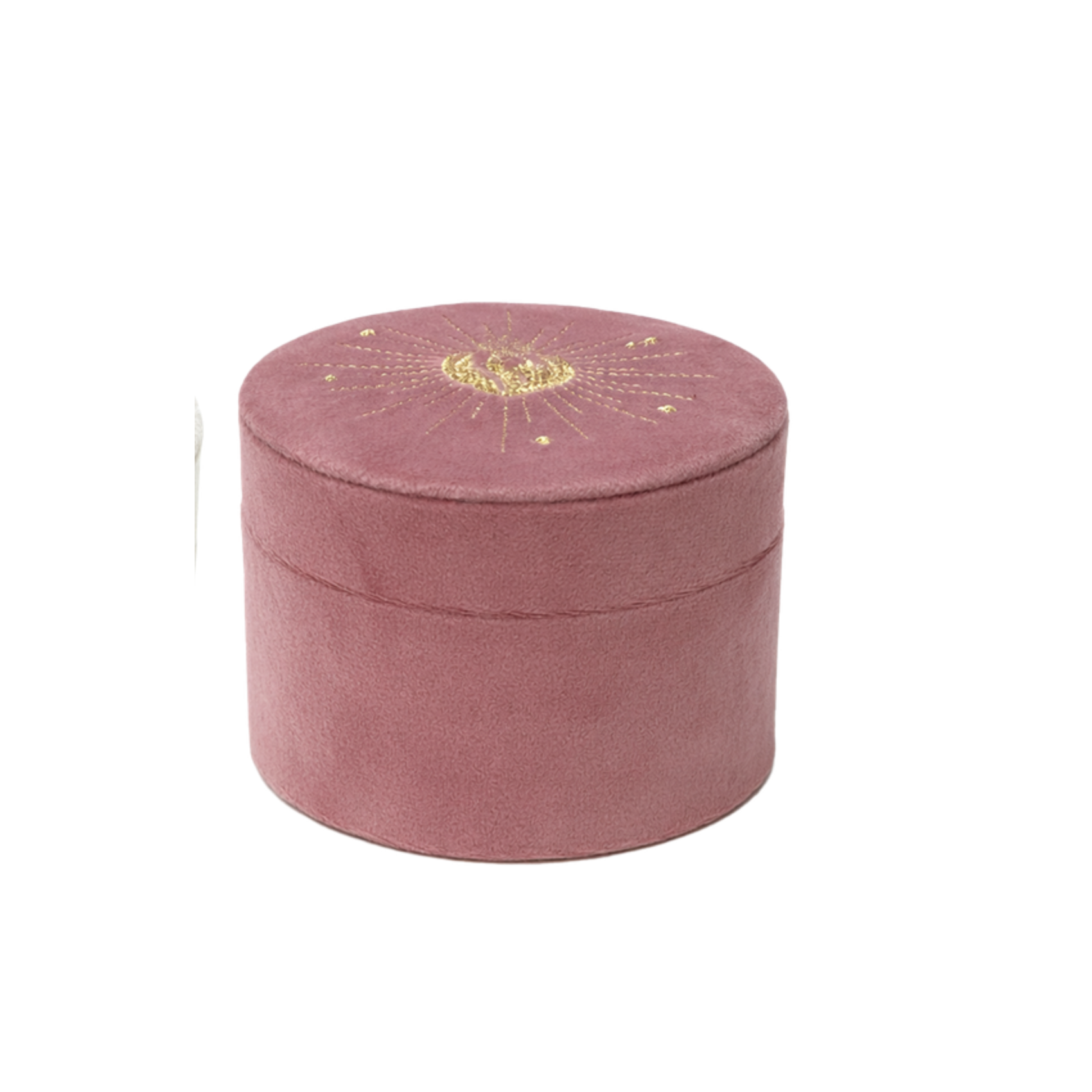 Boîte à bijoux ronde en velours rose avec cœur ex-voto doré