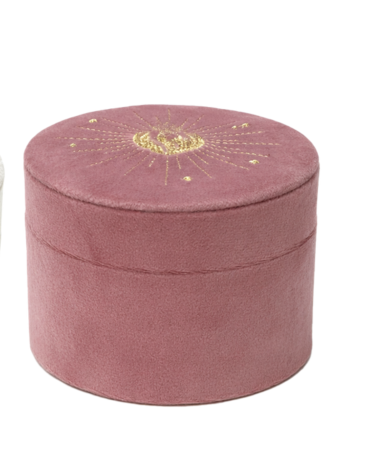 Boîte à bijoux ronde en velours rose avec cœur ex-voto doré