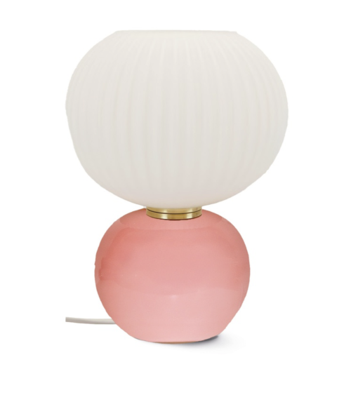 Lampe de table en verre rose strié avec globe blanc texturé