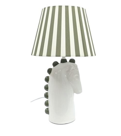 Lampe cheval en céramique kaki avec abat-jour rayé