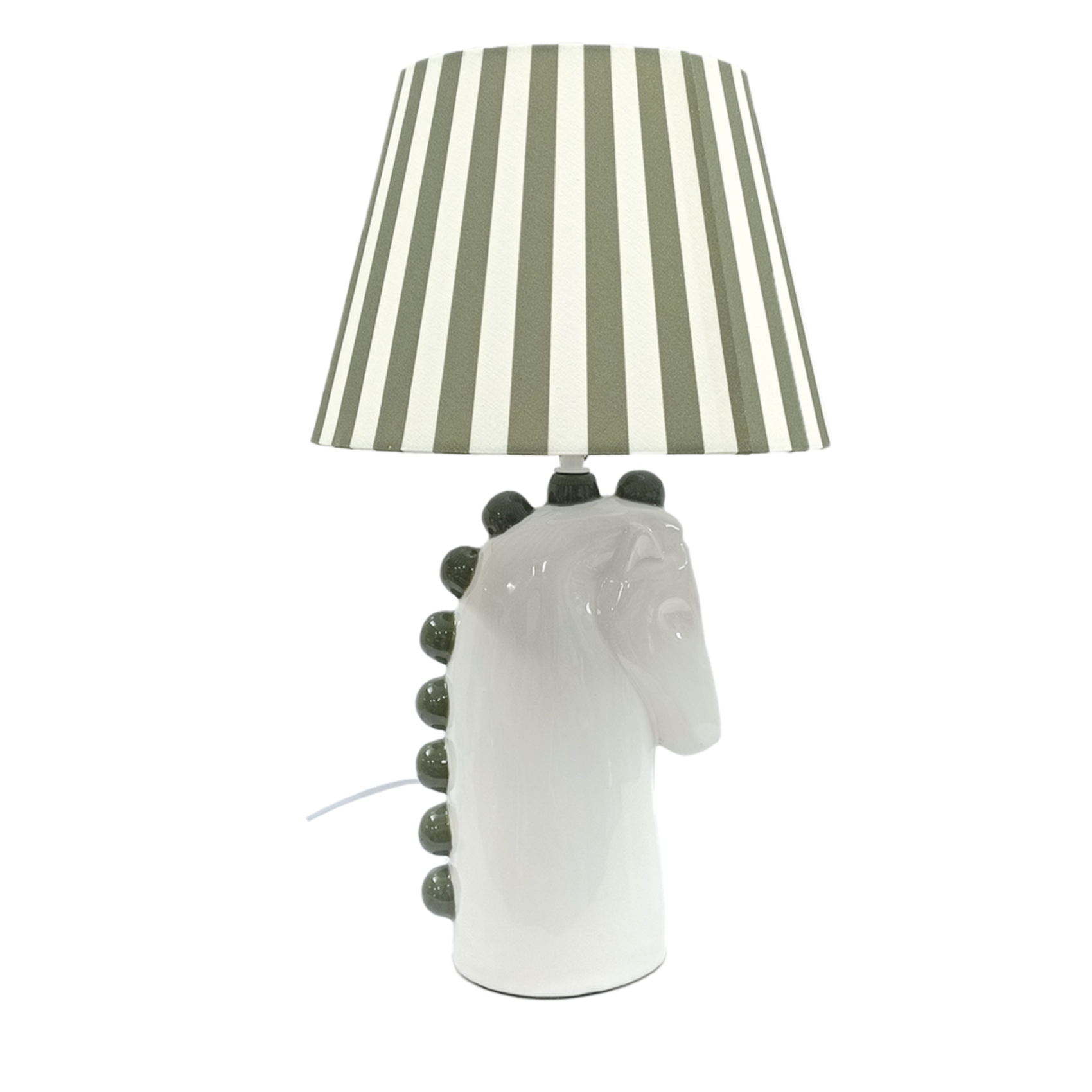 Lampe cheval en céramique kaki avec abat-jour rayé