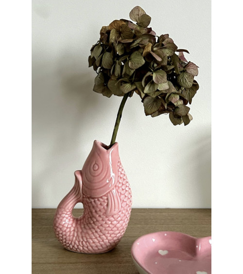 Vase poisson rose en faïence avec hortensia séché décoration romantique