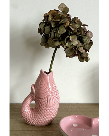 Vase poisson rose en faïence avec hortensia séché décoration romantique