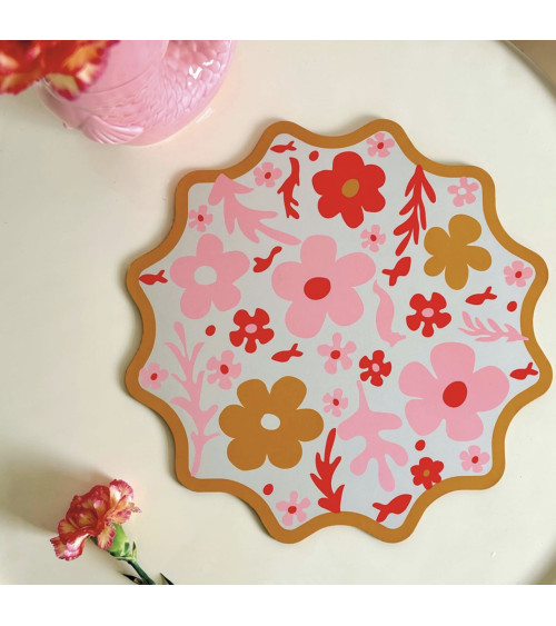 Set de table rond motif fleurs roses et orange