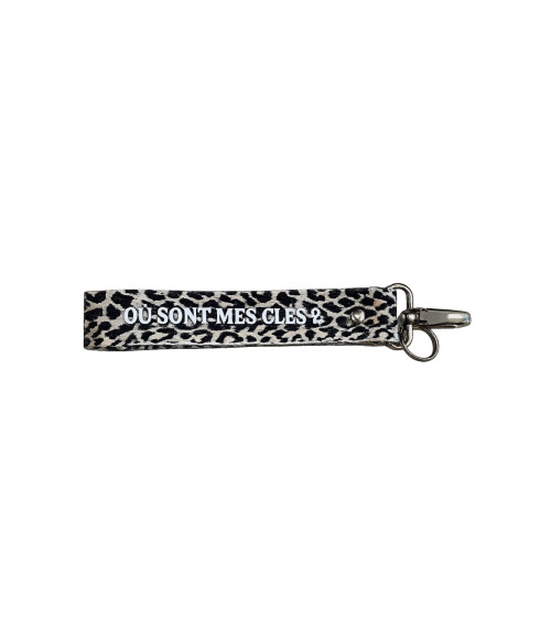 Porte-clés sangle Où sont mes clés motif léopard noir et blanc