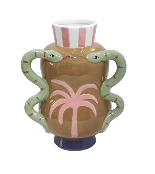 Vase décoratif en faïence avec palmier rose et anses serpents