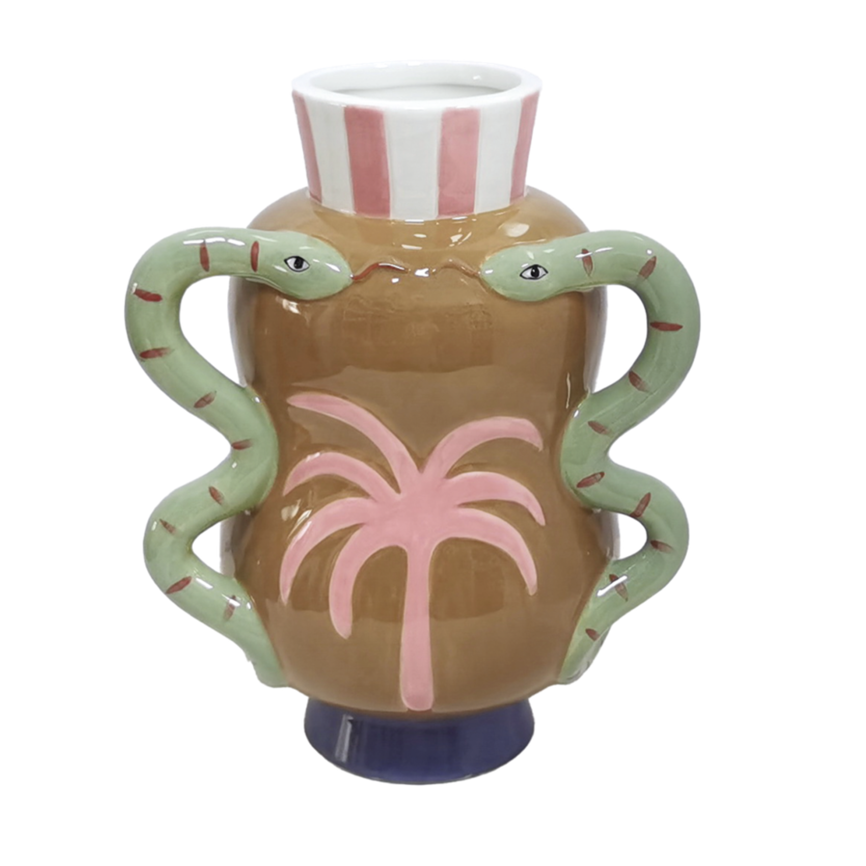 Vase décoratif en faïence avec palmier rose et anses serpents