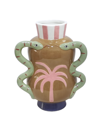 Vase décoratif palmier et serpents en faïence – vase original bohème chic