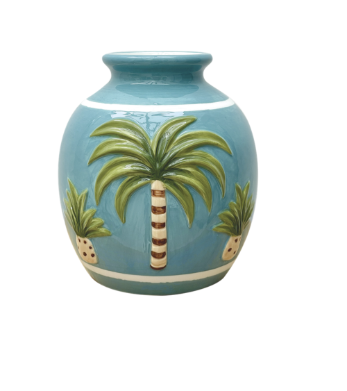 Vase palmier bleu en faïence décorative style tropical
