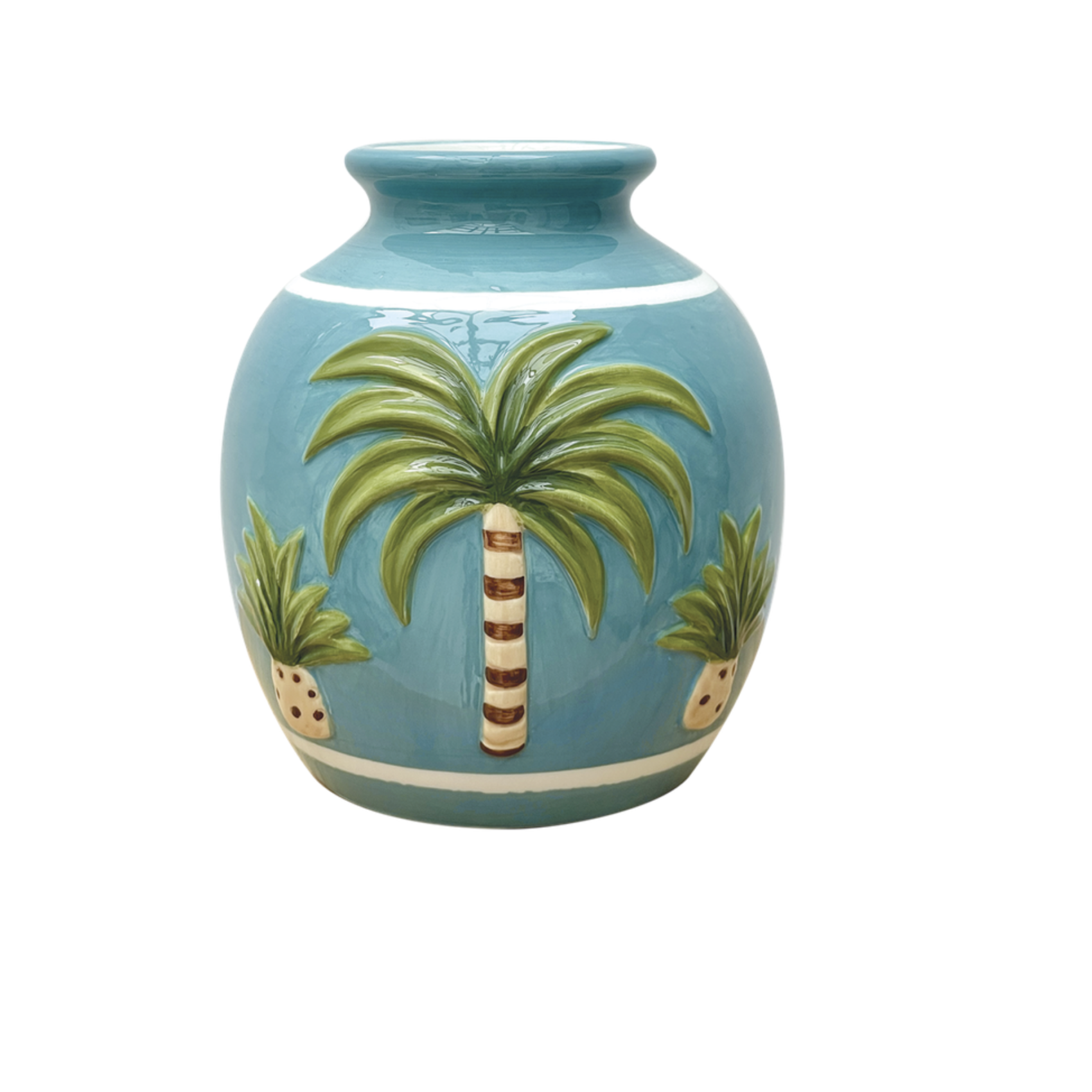 Vase palmier bleu en faïence décorative style tropical