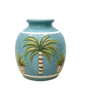 Vase palmier bleu en faïence décorative style tropical