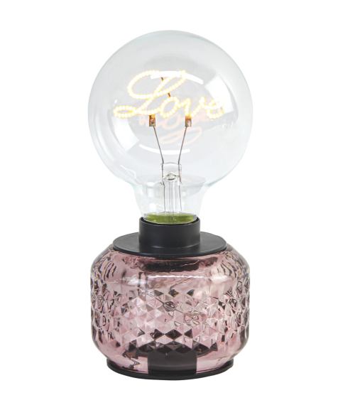 Lampe LED Love à piles avec socle en verre rose texturé