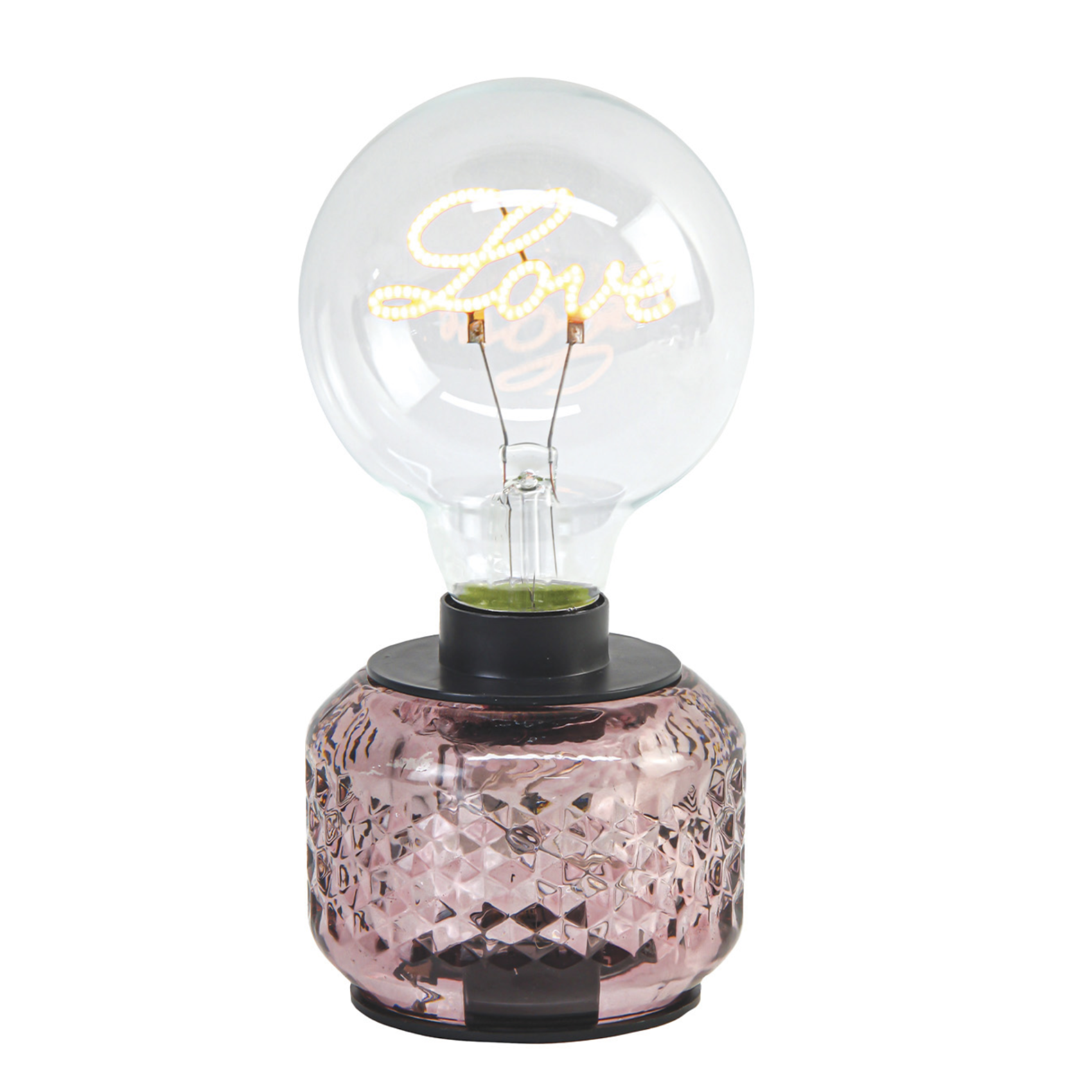 Lampe LED Love à piles avec socle en verre rose texturé