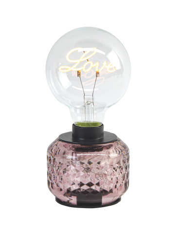 Lampe LED Love à piles avec socle en verre rose texturé