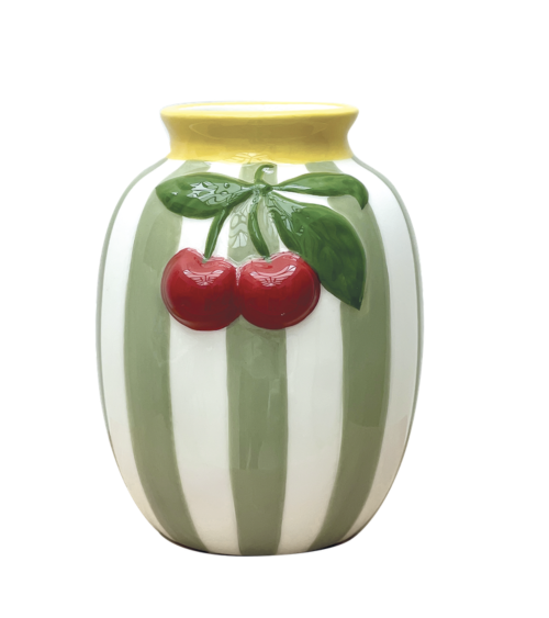 Vase décoratif en faïence rayée vert sauge avec cerises en relief