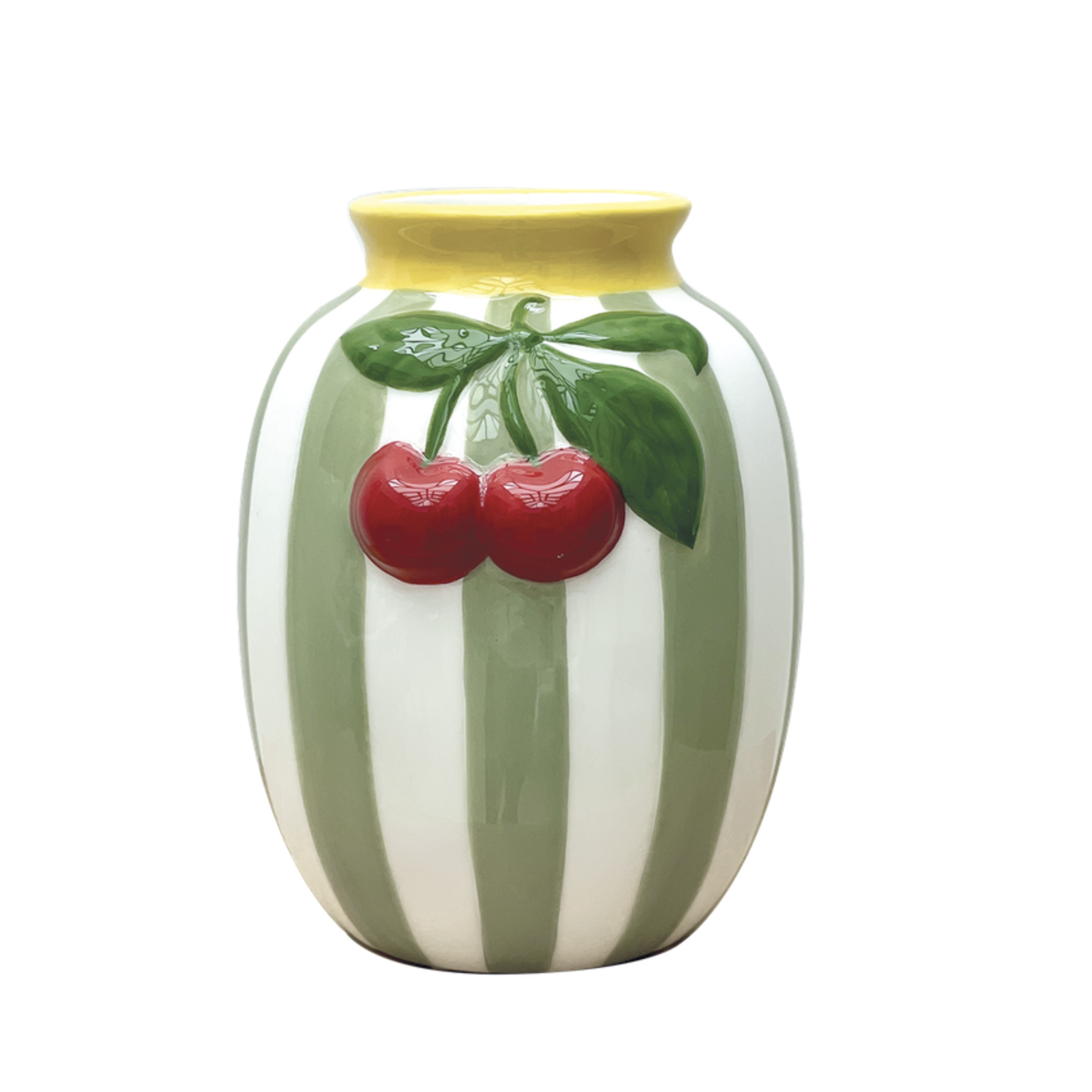 Vase décoratif en faïence rayée vert sauge avec cerises en relief