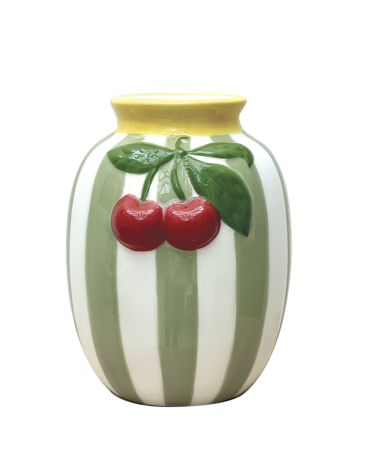 Vase décoratif en faïence rayée vert sauge avec cerises en relief