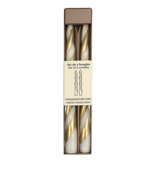 Lot de bougies torsadées ivoire et doré présenté dans son coffret