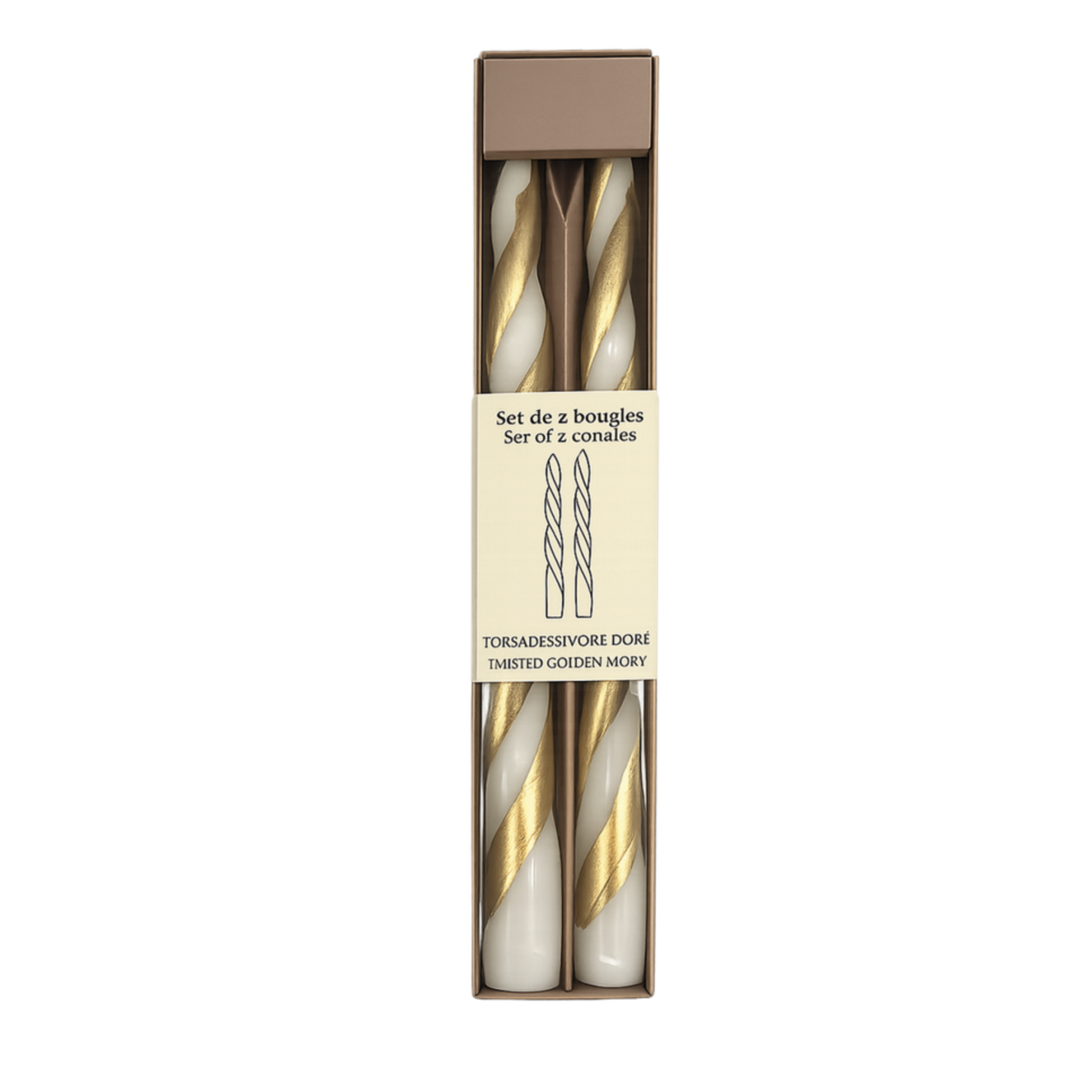 Lot de bougies torsadées ivoire et doré présenté dans son coffret