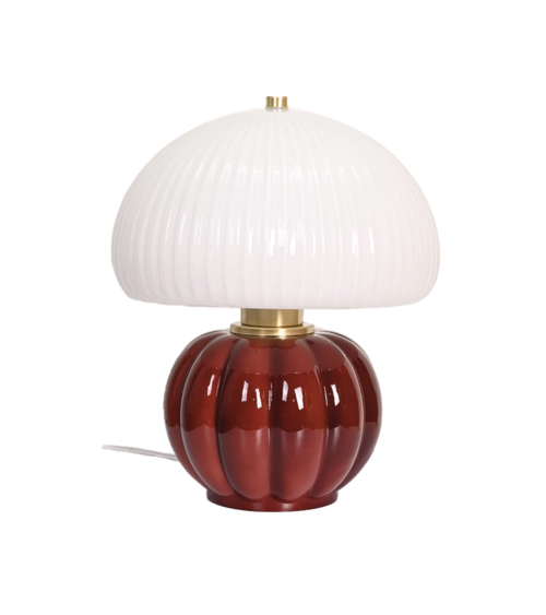 Lampe de table en verre bordeaux avec abat-jour blanc nervuré design vintage