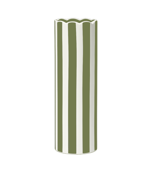 Vase rayé en porcelaine kaki et blanc avec bord ondulé