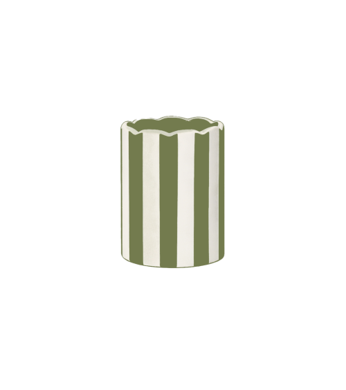 Petit vase rayé en porcelaine kaki et blanc au bord ondulé