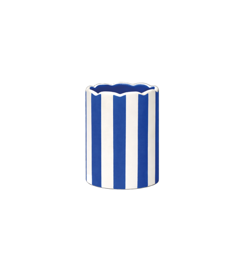 Petit vase rayé en porcelaine bleu et blanc au bord ondulé