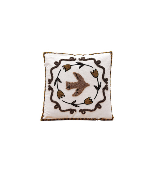 Coussin brodé colombe et fleurs sable en coton style bohème