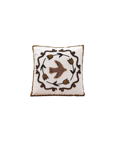 Coussin brodé colombe et fleurs sable en coton style bohème