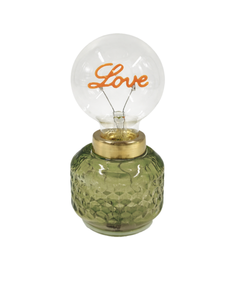 Petite lampe LED Love à piles en verre vert