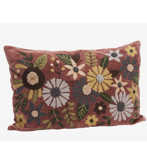 Housse de coussin fleurie en velours brodé rose style bohème