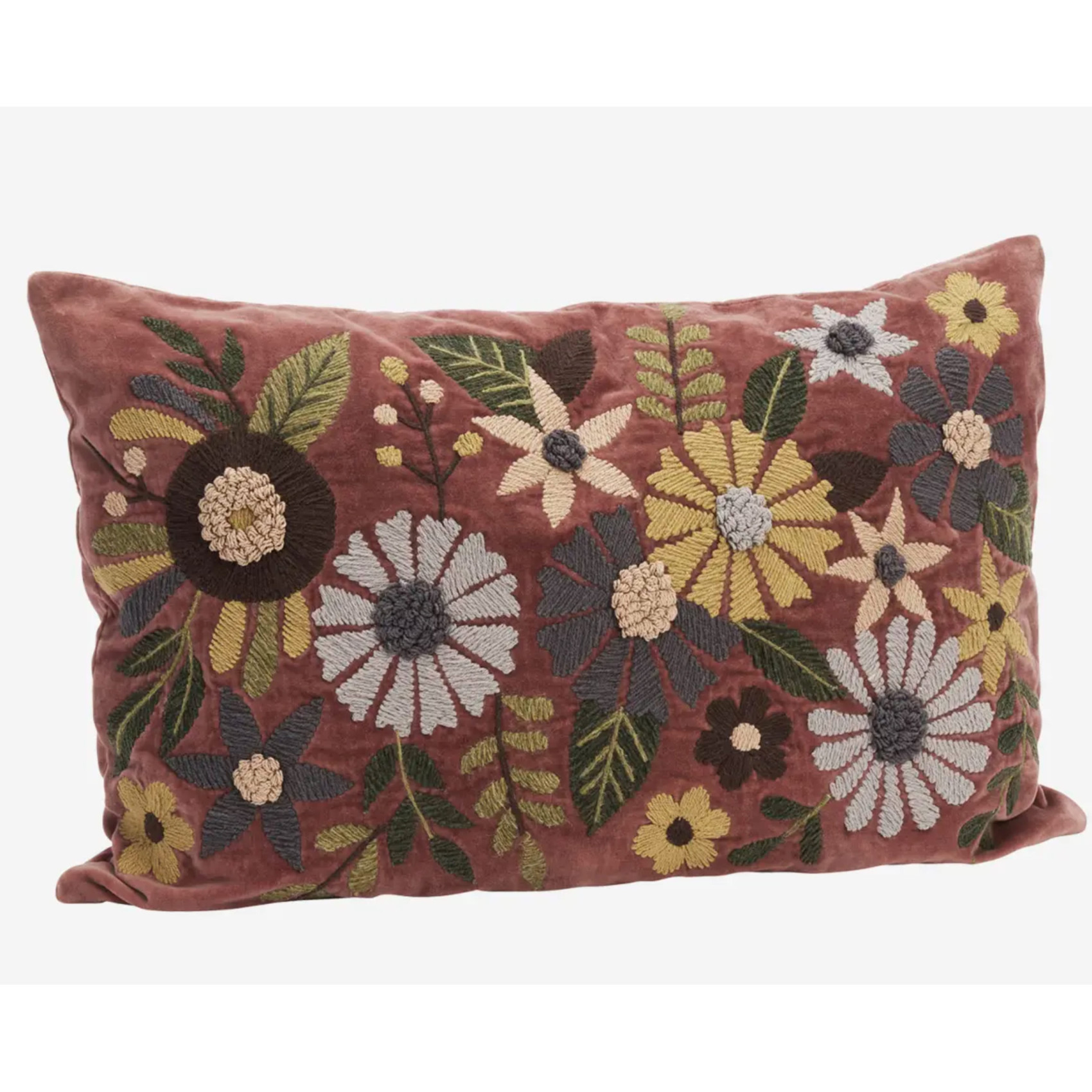 Housse de coussin fleurie en velours brodé rose style bohème