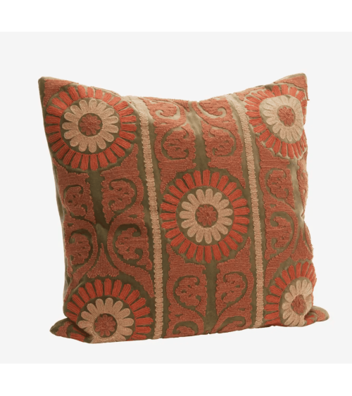 Housse de coussin Suzani en velours brodé kaki et terracotta