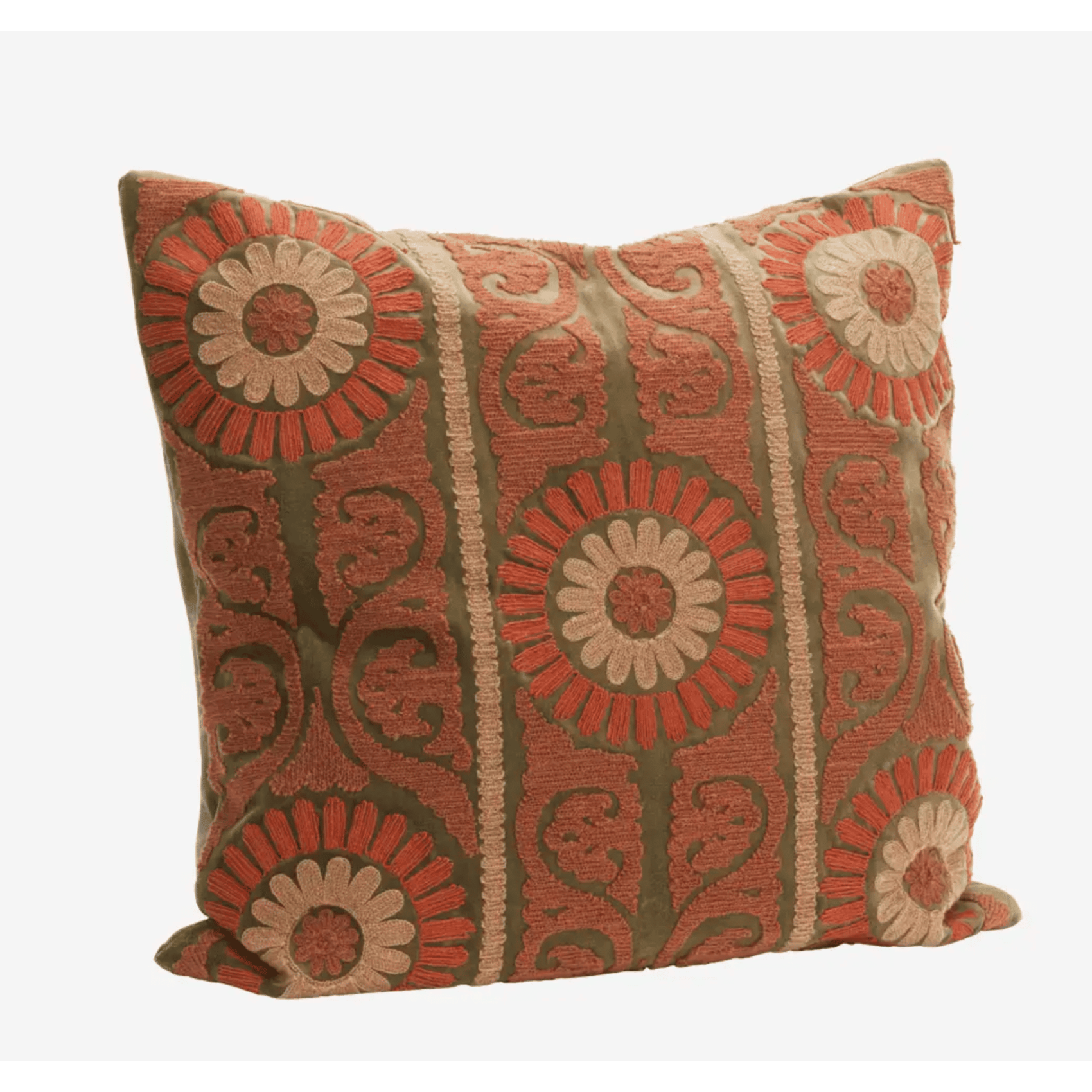 Housse de coussin Suzani en velours brodé kaki et terracotta