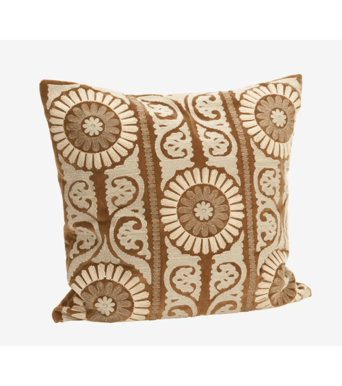 Housse de coussin Suzani en velours brodé caramel et écru