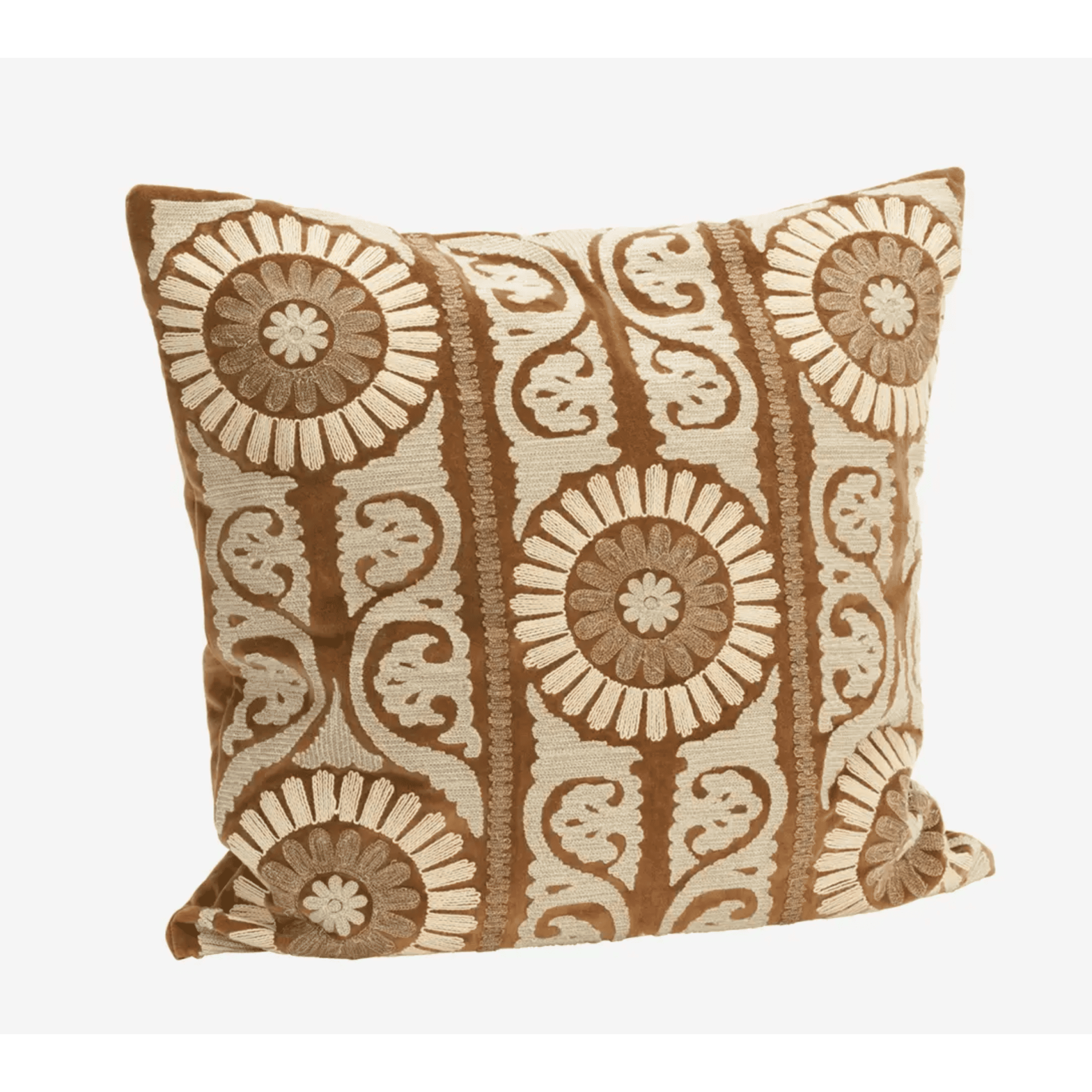 Housse de coussin Suzani en velours brodé caramel et écru
