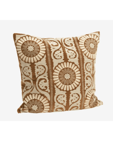Housse de coussin Suzani en velours brodé – caramel & écru