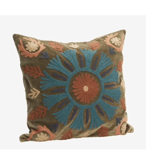 Housse de coussin Suzani en velours brodé kaki et bleu pétrole