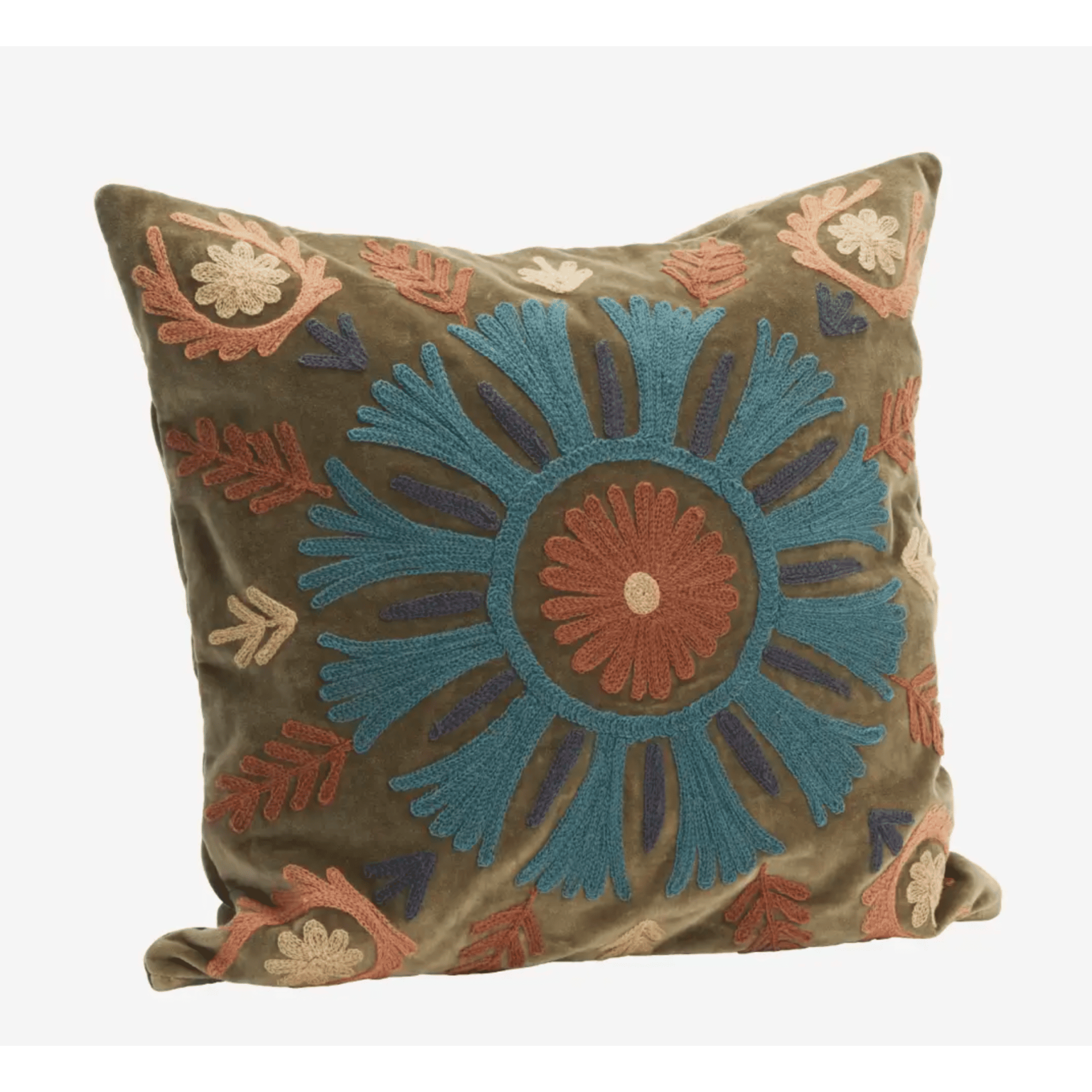 Housse de coussin Suzani en velours brodé kaki et bleu pétrole