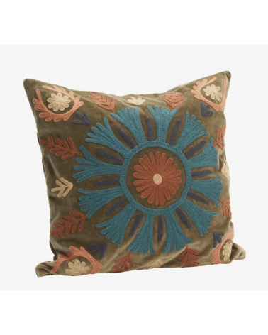 Housse de coussin Suzani en velours brodé kaki et bleu pétrole