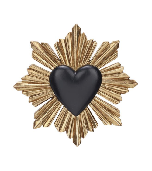 Ex-voto cœur rayonnant noir avec rayons dorés