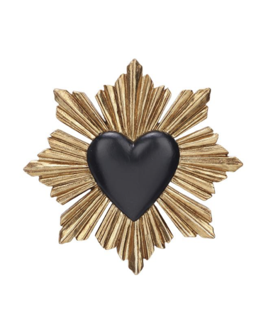 Ex-voto cœur rayonnant noir avec rayons dorés