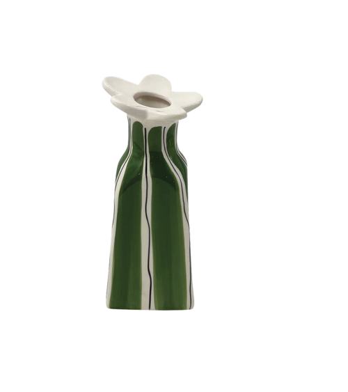 Vase fleur rayé vert et blanc en faïence