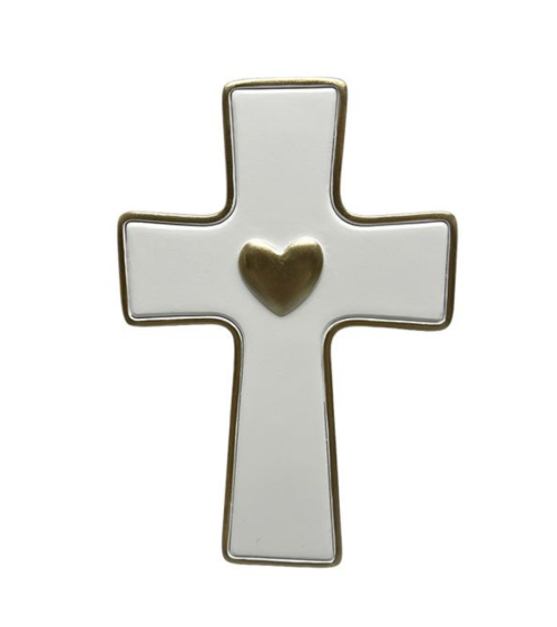 Croix murale blanche et dorée avec cœur en relief style ex-voto