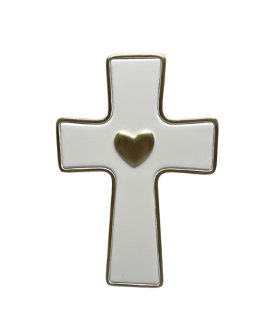 Croix murale blanche et dorée avec cœur en relief style ex-voto