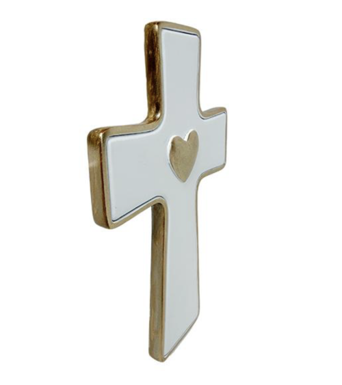 Croix décorative blanche et dorée avec cœur vue de profil