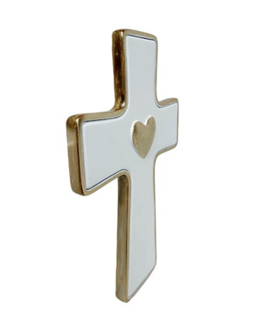 Croix décorative blanche et dorée avec cœur vue de profil
